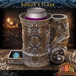 May include: A silver metal dice tower and storage container shaped like a beer stein with an ornate design. The container has a removable lid and a compartment for dice. The text "Rogue's Flask" is printed on the top of the container.