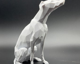 May include: A white, 3D printed, geometric sculpture of a dog sitting with its head tilted up.