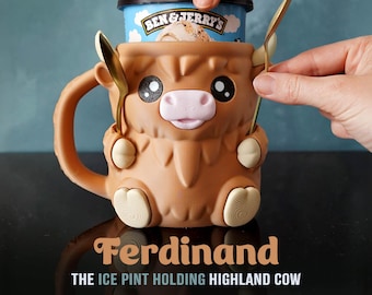 Ferdinand, the Highland Cow Ice Cream Pint Holder | Eco Friendly 3D Printed Pint Cozy with Spoon Slots | Cute Cat Gift for Ice Cream Lovers