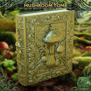 May include: A gold-coloured, ornate book-shaped dice vault and tray. The cover features a detailed relief of mushrooms and foliage. The text "MUSHROOM TOME" is displayed at the top. The product is designed for tabletop gaming.