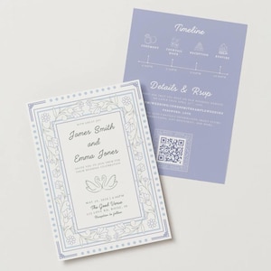 Könnte beinhalten: Zwei Hochzeitseinladungskarten. Die Vorderseite ist weiß mit einem hellblauen Blumenrand und dem Text "James Smith and Emma Jones". Die Rückseite ist hellviolett mit einer Zeitleiste und RSVP-Details.