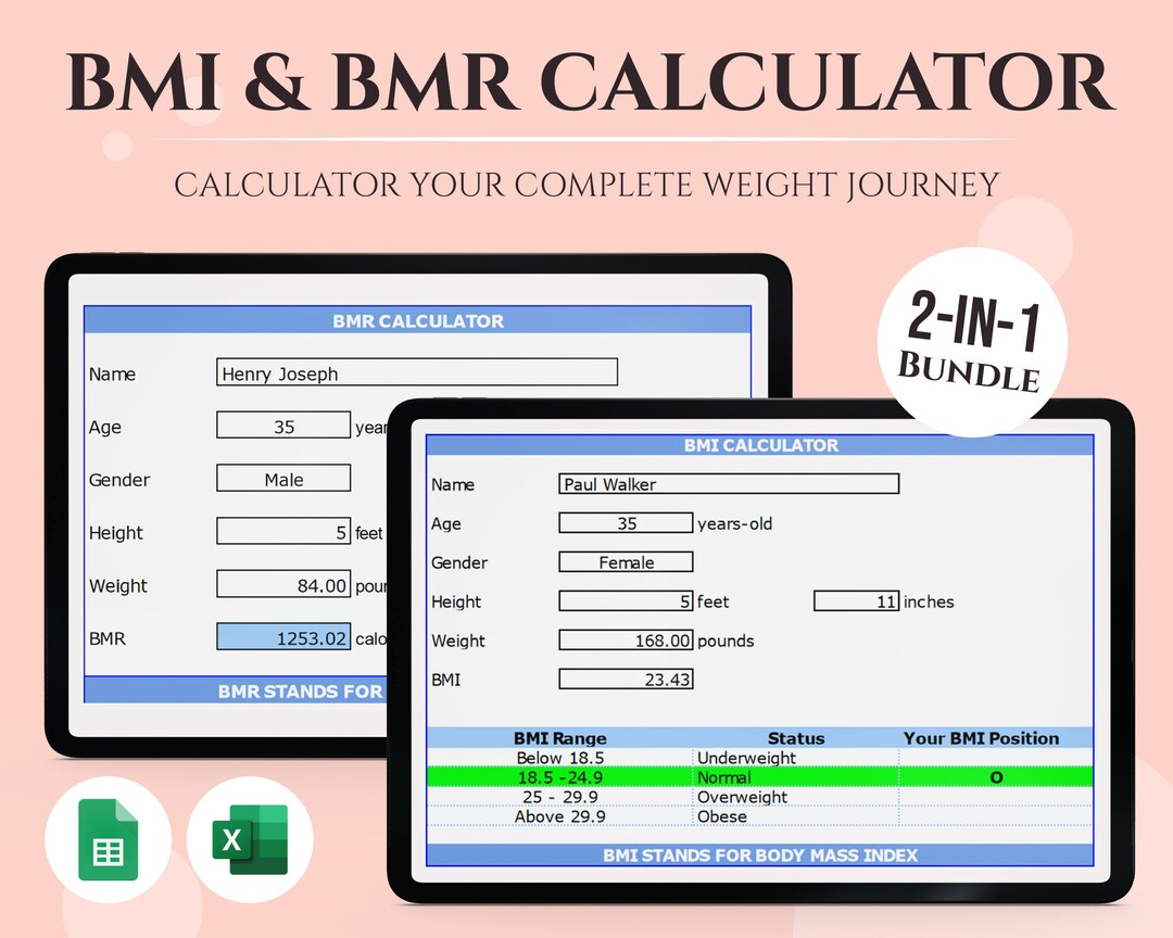 BMI Calculator & BMR Calculator Google Sheet and MS (Instant Download