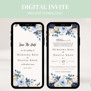 Editable Digital Muslim Wedding Invitation Template Nikkah Walimah Shaadi Baraat Editable eInvite Floral Blue Roses