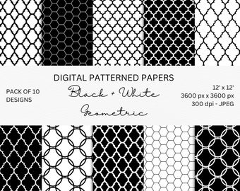 Black & White Geometric Digital Paper Pack: Scrapbook Patterns (Instant Download)