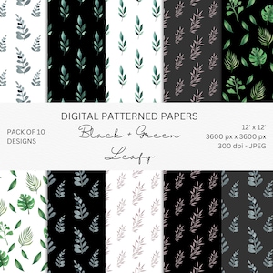Black and Green Leafy Digital Paper Pack 10, Digital Scrapbook Paper, Printable Patterned Paper, Commercial Use, Instant Download