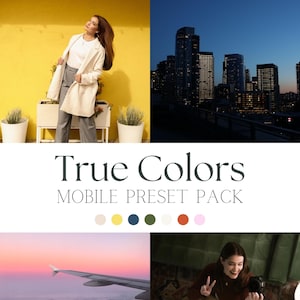 Pu&ograve; includere: Un collage di quattro immagini che mostrano un pacchetto di preset mobili chiamato "True Colors". Le immagini mostrano una donna con un cappotto bianco in piedi davanti a un muro giallo, una citt&agrave; notturna, una vista del tramonto dalla finestra di un aereo e una donna che scatta un selfie con una fotocamera.