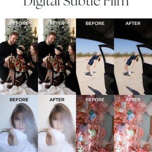 Pu&ograve; includere: Immagini prima e dopo che mostrano l'effetto di un filtro di pellicola digitale sottile. La prima immagine mostra una famiglia con un bambino su un cavallo a dondolo. La seconda immagine mostra una donna che si sporge da un finestrino di un'auto. La terza immagine mostra una donna che indossa un maglione bianco. La quarta immagine mostra un albero di Natale rosa con decorazioni e una bambola.