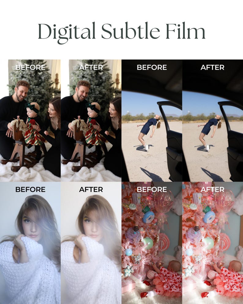 Pu&ograve; includere: Immagini prima e dopo che mostrano l'effetto di un filtro di pellicola digitale sottile. La prima immagine mostra una famiglia con un bambino su un cavallo a dondolo. La seconda immagine mostra una donna che si sporge da un finestrino di un'auto. La terza immagine mostra una donna che indossa un maglione bianco. La quarta immagine mostra un albero di Natale rosa con decorazioni e una bambola.