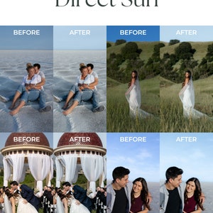 May include: Before and after photos showing the difference in lighting when shooting in direct sunlight. The photos show a couple posing in different locations, including a salt flat, a grassy field, and a wedding ceremony.