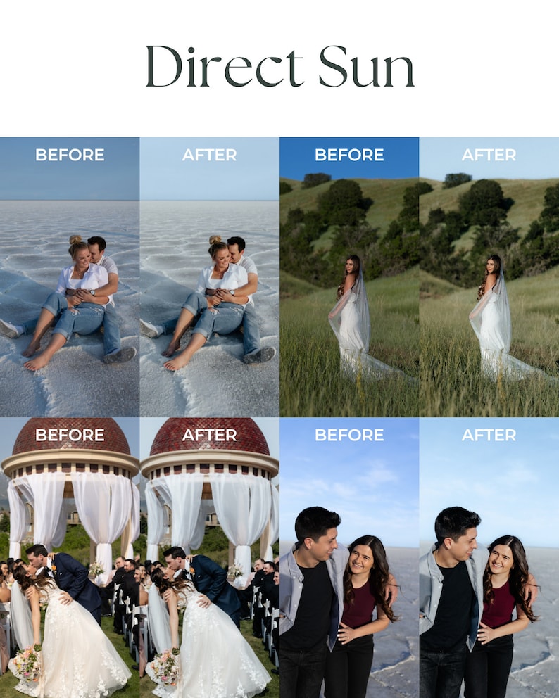 May include: Before and after photos showing the difference in lighting when shooting in direct sunlight. The photos show a couple posing in different locations, including a salt flat, a grassy field, and a wedding ceremony.