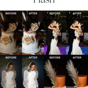 May include: A comparison of photos taken with and without flash. The first row shows a wedding cake with floral decorations, the second row shows a person wearing a white dress, and the third row shows two wedding cakes with brown frosting and floral decorations.