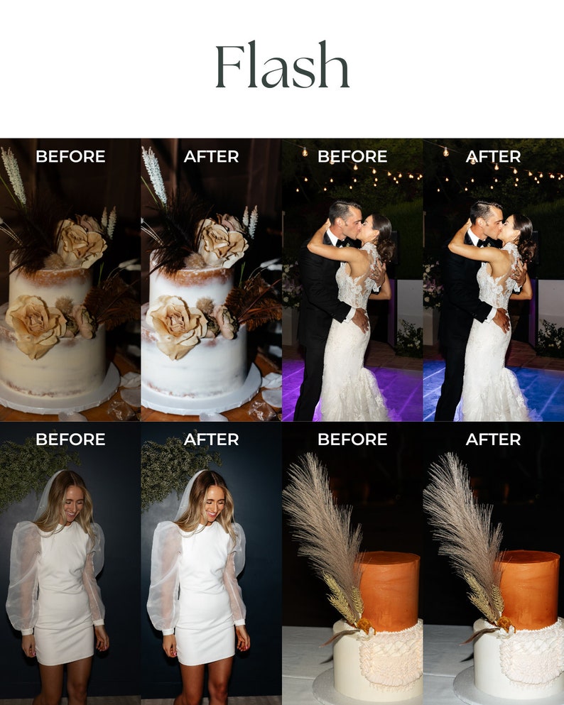 May include: A comparison of photos taken with and without flash. The first row shows a wedding cake with floral decorations, the second row shows a person wearing a white dress, and the third row shows two wedding cakes with brown frosting and floral decorations.