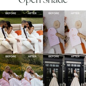 May include: Before and after photos showing the difference in lighting and color correction. The first set shows a couple sitting on a white couch in an outdoor setting. The second set shows a wedding invitation with a gold ring on a table with a bottle of champagne. The third set shows two women sitting on a blanket in a field of flowers. The fourth set shows a bride standing in front of a black door.