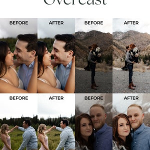 May include: A before and after comparison of photos showing how to edit photos to improve the lighting in overcast conditions. The photos show couples in various poses outdoors.