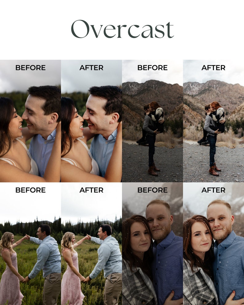 May include: A before and after comparison of photos showing how to edit photos to improve the lighting in overcast conditions. The photos show couples in various poses outdoors.