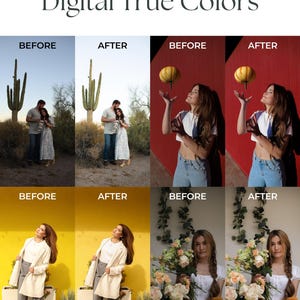 Pu&ograve; includere: Fotografie prima e dopo che mostrano la differenza nella correzione del colore. Il primo set mostra una coppia in piedi davanti a un cactus. Il secondo set mostra una persona che tiene una piccola zucca. Il terzo set mostra una persona che indossa un cappotto bianco in piedi davanti a un muro giallo. Il quarto set mostra una persona che tiene un mazzo di fiori.