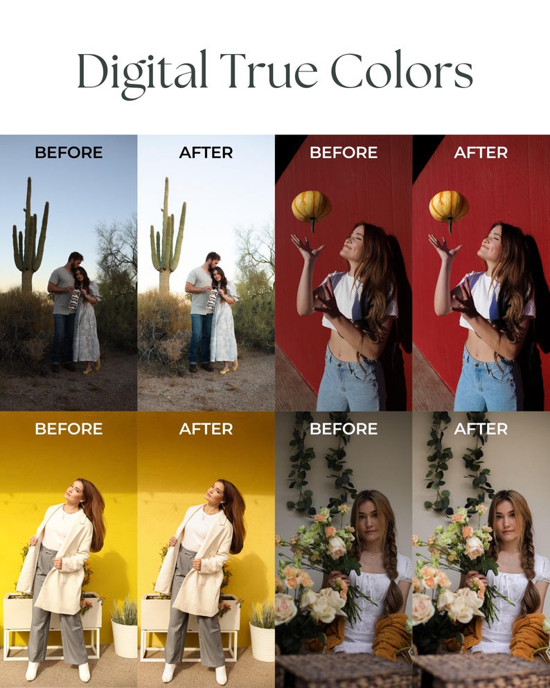 Pu&ograve; includere: Fotografie prima e dopo che mostrano la differenza nella correzione del colore. Il primo set mostra una coppia in piedi davanti a un cactus. Il secondo set mostra una persona che tiene una piccola zucca. Il terzo set mostra una persona che indossa un cappotto bianco in piedi davanti a un muro giallo. Il quarto set mostra una persona che tiene un mazzo di fiori.