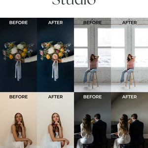 May include: Before and after photos showing the difference in lighting and color correction in a studio setting. The first set of photos shows a bouquet of flowers, the second set shows a person sitting on a stool, and the third set shows a couple sitting on a piano bench.