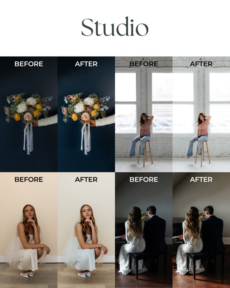 May include: Before and after photos showing the difference in lighting and color correction in a studio setting. The first set of photos shows a bouquet of flowers, the second set shows a person sitting on a stool, and the third set shows a couple sitting on a piano bench.