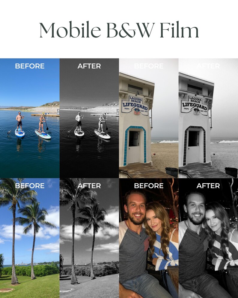 Pu&ograve; includere: Un confronto tra foto prima e dopo che mostrano gli effetti dell'utilizzo di un filtro per pellicola in bianco e nero mobile. La prima riga mostra una foto di due persone che fanno paddleboard nell'oceano, la seconda riga mostra una foto di due palme e la terza riga mostra una foto di una coppia.