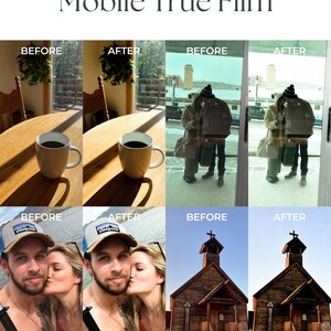Pu&ograve; includere: Confronti di immagini prima e dopo che mostrano gli effetti di un filtro per film vero per dispositivi mobili. Il primo set mostra una tazza di caff&egrave; su un tavolo di legno, il secondo set mostra una coppia che si bacia e il terzo set mostra un edificio di una chiesa di legno.
