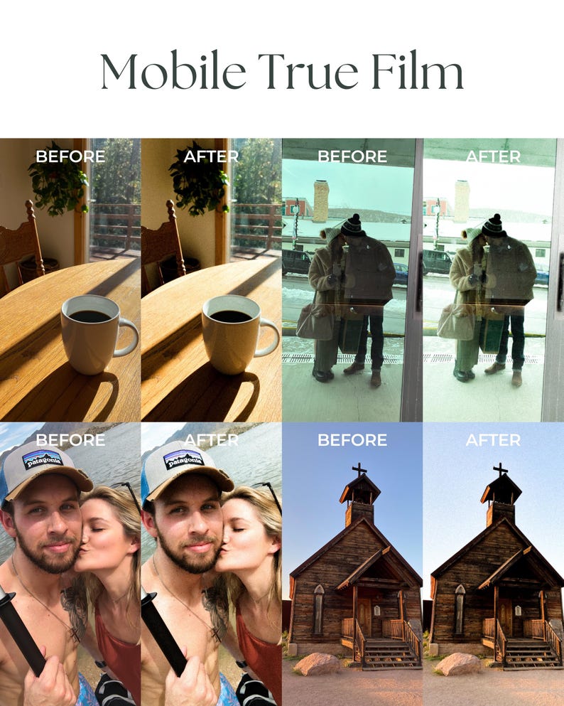 Pu&ograve; includere: Confronti di immagini prima e dopo che mostrano gli effetti di un filtro per film vero per dispositivi mobili. Il primo set mostra una tazza di caff&egrave; su un tavolo di legno, il secondo set mostra una coppia che si bacia e il terzo set mostra un edificio di una chiesa di legno.