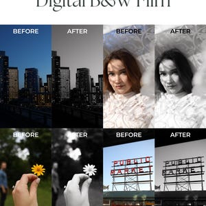 Pu&ograve; includere: Un confronto tra immagini prima e dopo che mostra l'effetto di un filtro di pellicola in bianco e nero digitale. La prima riga mostra una citt&agrave; di notte, la seconda riga mostra una donna e la terza riga mostra un fiore e un cartello per "Public Market".