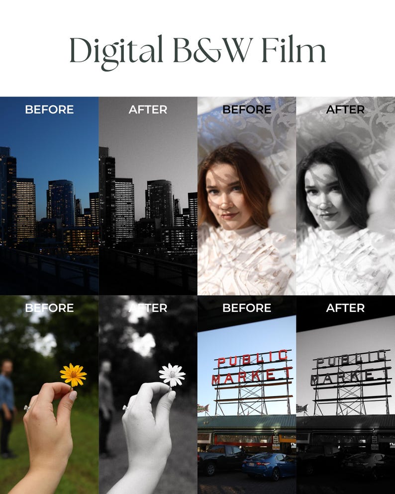 Pu&ograve; includere: Un confronto tra immagini prima e dopo che mostra l'effetto di un filtro di pellicola in bianco e nero digitale. La prima riga mostra una citt&agrave; di notte, la seconda riga mostra una donna e la terza riga mostra un fiore e un cartello per "Public Market".