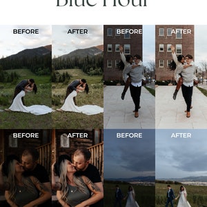 May include: Before and after photos showing the difference in color and lighting when using a blue hour filter. The first set of photos shows a couple kissing in a field with mountains in the background. The second set shows a couple being lifted in the air in front of a brick building. The third set shows a couple kissing on a wooden porch. The fourth set shows a couple walking hand-in-hand in a field with a city skyline in the background.