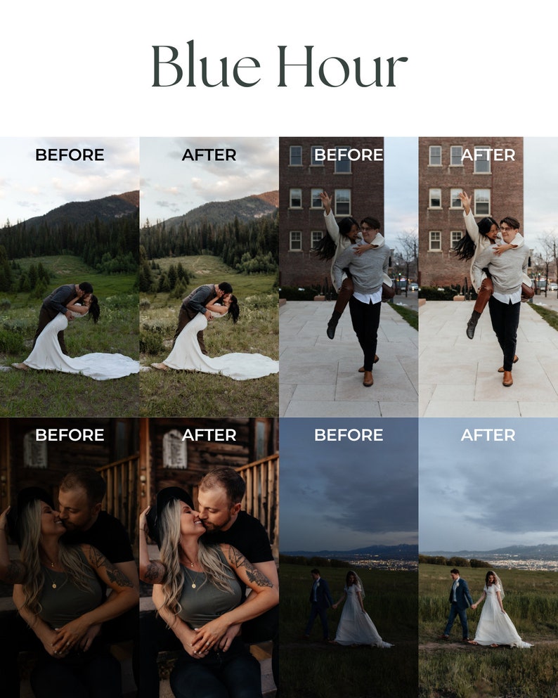 May include: Before and after photos showing the difference in color and lighting when using a blue hour filter. The first set of photos shows a couple kissing in a field with mountains in the background. The second set shows a couple being lifted in the air in front of a brick building. The third set shows a couple kissing on a wooden porch. The fourth set shows a couple walking hand-in-hand in a field with a city skyline in the background.