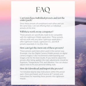 Pu&ograve; includere: Sezione FAQ di un elenco di prodotti digitali per preset di Lightroom. Il testo spiega come acquistare preset individuali, come funzionano su un computer, come ottenere il massimo da essi e come scaricarli e importarli.