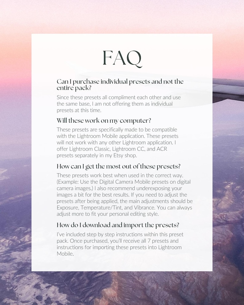 Pu&ograve; includere: Sezione FAQ di un elenco di prodotti digitali per preset di Lightroom. Il testo spiega come acquistare preset individuali, come funzionano su un computer, come ottenere il massimo da essi e come scaricarli e importarli.