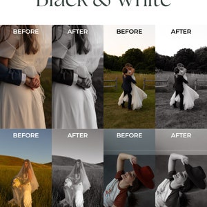 May include: A comparison of color and black and white images. The first row shows a couple embracing, the second row shows a bride in a field, and the third row shows a person wearing a red shirt and a hat.