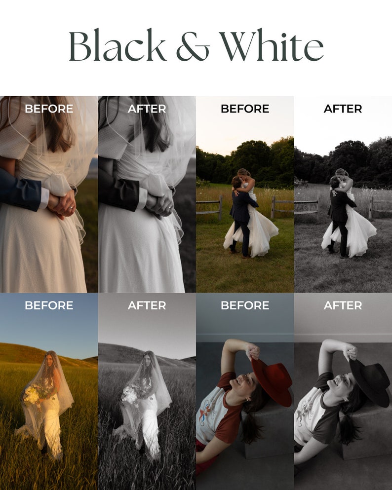 May include: A comparison of color and black and white images. The first row shows a couple embracing, the second row shows a bride in a field, and the third row shows a person wearing a red shirt and a hat.