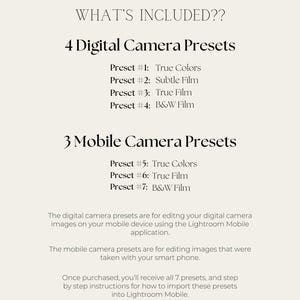 Pu&ograve; includere: Grafica di testo con il titolo "What's Included?" e elenca 4 preset di fotocamera digitale e 3 preset di fotocamera mobile. I preset includono True Colors, Subtle Film, True Film e B&W Film.