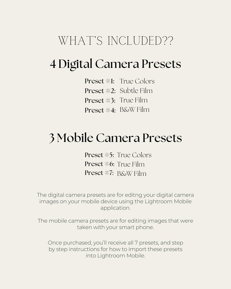 Pu&ograve; includere: Grafica di testo con il titolo "What's Included?" e elenca 4 preset di fotocamera digitale e 3 preset di fotocamera mobile. I preset includono True Colors, Subtle Film, True Film e B&W Film.