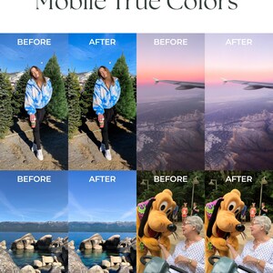 Pu&ograve; includere: Un confronto tra foto prima e dopo che mostra la differenza di accuratezza del colore quando si utilizza una fotocamera per telefono cellulare. Il primo set di foto mostra una persona in piedi davanti a un albero di Natale, il secondo set mostra un aereo che vola sopra una catena montuosa e il terzo set mostra una persona che posa con un cane dei cartoni animati.