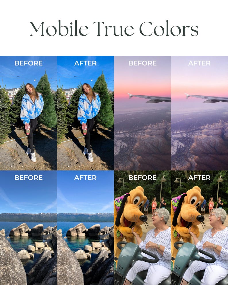 Pu&ograve; includere: Un confronto tra foto prima e dopo che mostra la differenza di accuratezza del colore quando si utilizza una fotocamera per telefono cellulare. Il primo set di foto mostra una persona in piedi davanti a un albero di Natale, il secondo set mostra un aereo che vola sopra una catena montuosa e il terzo set mostra una persona che posa con un cane dei cartoni animati.