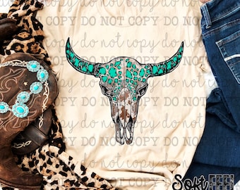 Turquoise Cow Skull Country South Western Ranching Rodeo - DTF Transfer - Direct To Film Ready To Press Transfer-Iron On Clothing Transfer