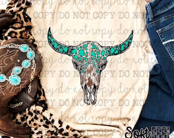 Turquoise Cow Skull Country South Western Ranching Rodeo - Transfert DTF - Transfert direct sur film prêt à presser - Transfert sur vêtements