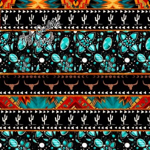 May include: A digitally designed pattern featuring a repeating motif of turquoise gemstones, cacti, and bull skulls on a black background. The words "High Quality Vinyl" are written in a cursive font. The design incorporates orange, red, and white accents.