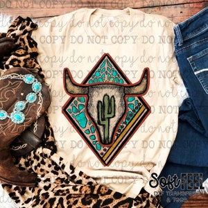 Southwestern Skull Turquoise Rodeo Country Western - DTF Transfer - Direct To Film Ready To Press Transfer-Iron On Clothing Transfer