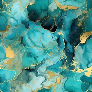 Può includere: Stampa d'arte astratta con colori blu e verdi vorticosi e accenti dorati. I colori ricordano l'acqua e il marmo.