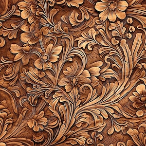 Könnte beinhalten: Ein nahtloses Muster aus filigranen, geschnitzten floralen Designs in Brauntönen. Das Muster zeigt stilisierte Blumen, Blätter und Ranken und erzeugt einen reichen und strukturierten Hintergrund.