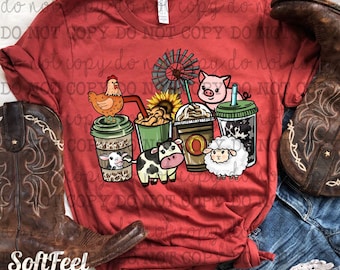 Tazas de café con motivos de animales de granja, estilo country western - Transferencia DTF - Transferencia directa a película, lista para prensar - Transferencia para planchar sobre ropa