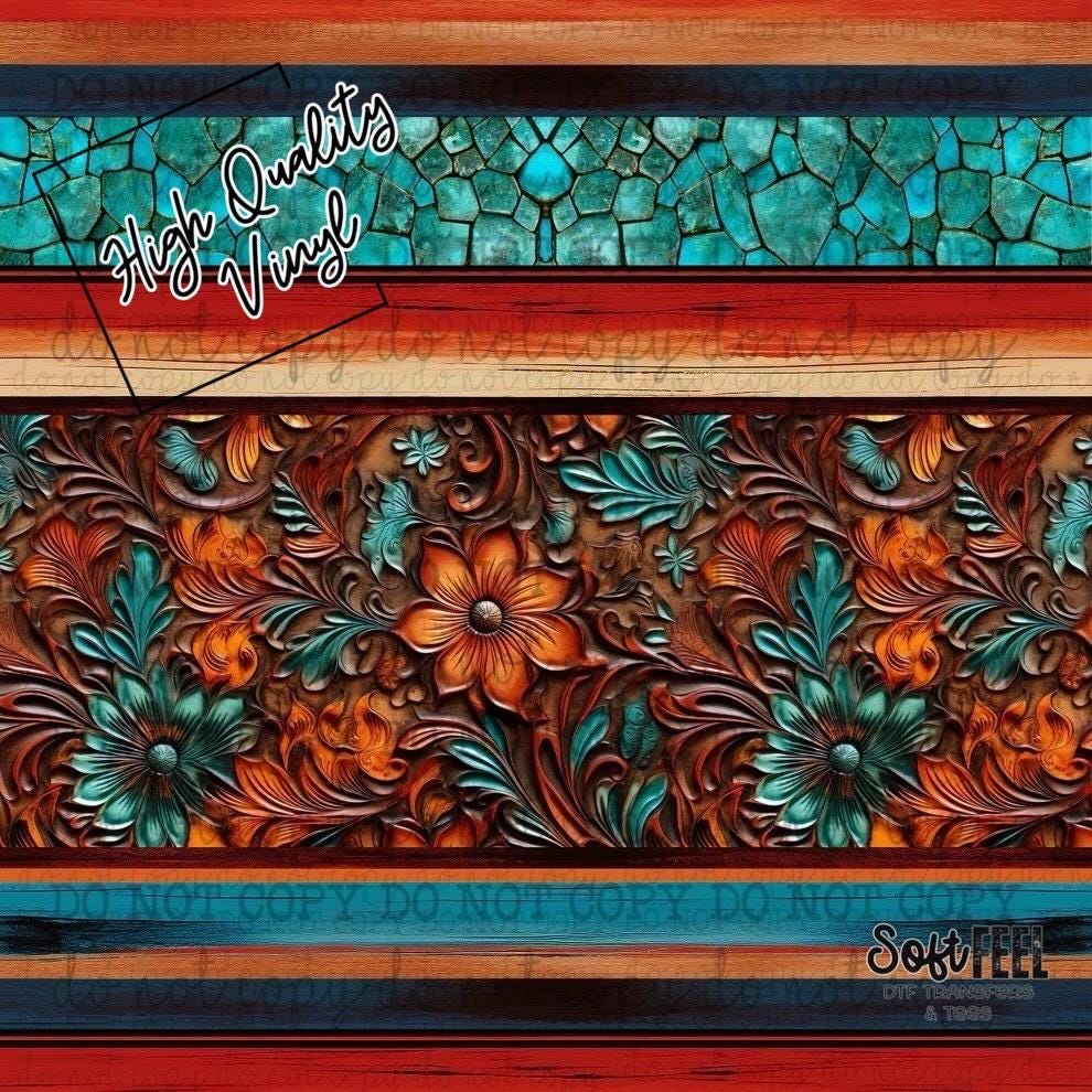 Western Tooled Leather Mashup - 12x12" Patterned Vinyl for Tumblers and Crafts -Solvent Resistant Rubbing Alcohol SAFE Adhesive Vinyl