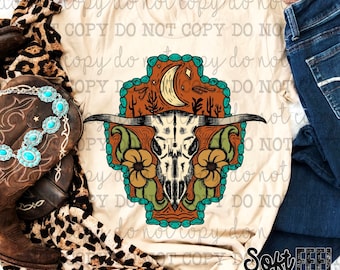 Cráneo de vaca del oeste, estilo country vintage, transferencia DTF, transferencia directa a película, lista para prensar, transferencia para planchar sobre ropa