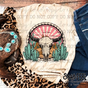 Sunrise Aztec Cow Skull Rodeo Country Western - DTF Transfer - Direct To Film Ready To Press Transfer-Iron On Clothing Transfer