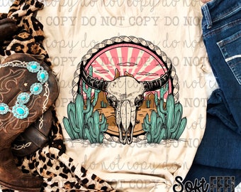 Cráneo de vaca azteca Sunrise Rodeo Country Western - Transferencia DTF - Transferencia directa a película lista para prensar - Transferencia para planchar sobre ropa