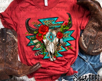 Rosas del suroeste Cráneo de toro Rodeo Country Western - Transferencia DTF - Transferencia directa a película, lista para prensar - Transferencia para planchar sobre ropa